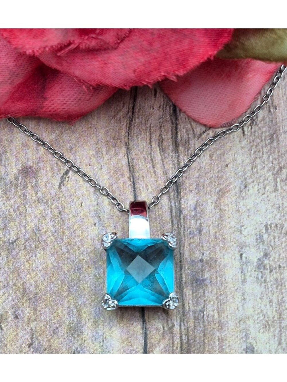 FAS Sterling Pendant Necklace Dainty Chain Drop Pendant Ice Blue Faceted Crystal